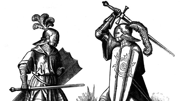 Schwarzweiß-Stich: Zwei Ritter beim Schwertkampf