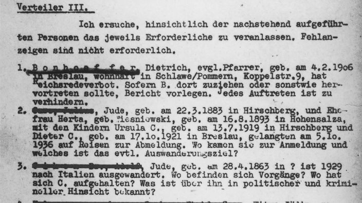 Eine original Gestapo-Akte vom 20. September 1940 belegt Bonhoeffers Reichsredeverbot. Außerdem ist vermerkt, dass jedes Auftreten zu verhindern und über alle öffentlichen Äußerungen Bericht zu erstatten sei.