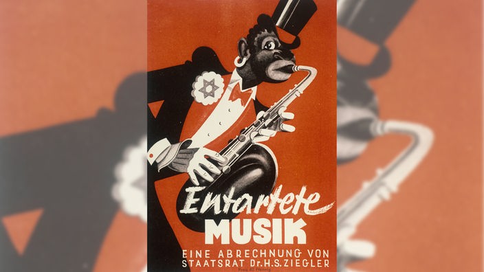 Ausstellungsbroschüre von 1938: Zu sehen ist ein Schwarzer mit Zylinder und Ohrring, der Saxofon spielt und einen Judenstern trägt. Darunter steht: 'Entartete Musik. Eine Abrechnung von Staatsrat Dr. H. S. Ziegler'.