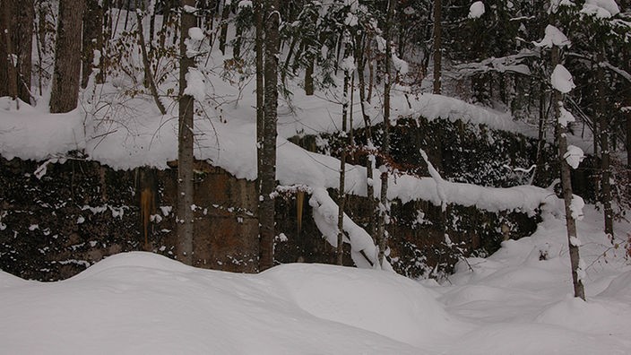 Unscheinbare Fundamentreste in einem verschneiten Wald markieren noch Hitlers ehemaligen Berghof.