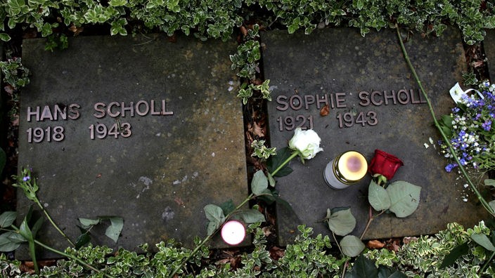 Grabsteine der Geschwister Scholl: Unterhalb der Inschriften liegt eine weiße Rose.