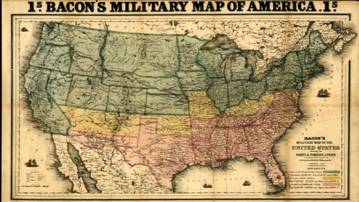 Eine Landkarte zeigt die südlichen Sklavenstaaten in Rosa, die nördlichen sklavenfreien Staaten in Grün. Dazwischen sind die neutralen Sklavenstaaten gelb gekennzeichnet.