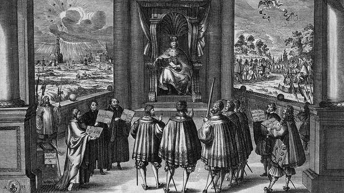 Friedensgemaelde von 1655: Augsburger Religionsfrieden zwischen Lutheranern und Katholiken | Bildquelle: akg-images Friedensgemaelde von 1655: Augsburger Religionsfrieden zwischen Lutheranern und Katholiken