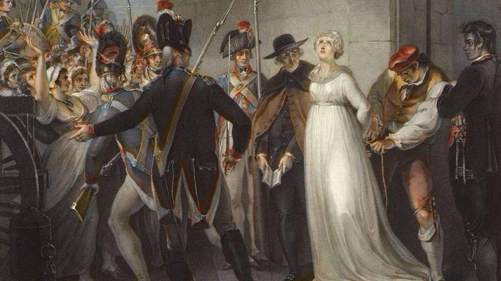 Gemälde, auf dem eine ganz in weiß gekleidete ältere Frau von Wachen abgeführt wird, neben ihr ein Priester, vor ihr eine wütende Menge.