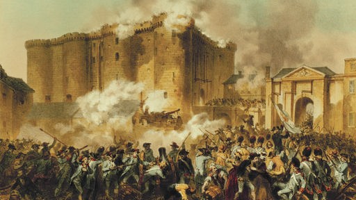 Eine Festung wird von einer Menschenmenge belagert und mit Kanonen beschossen