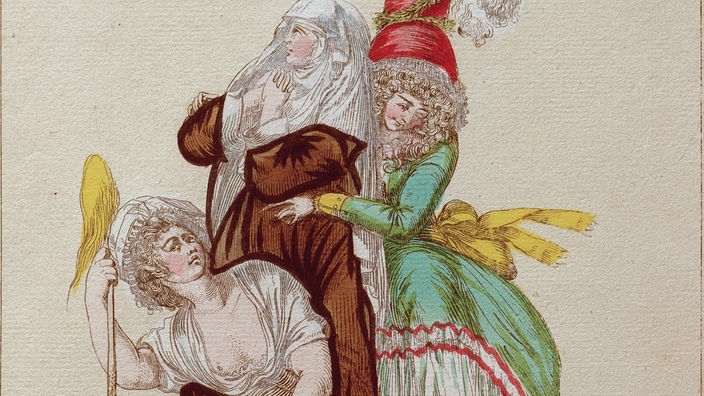 Eine gebückte, am Stock gehende Frau trägt eine Adlige und eine Nonne auf ihrem Rücken.