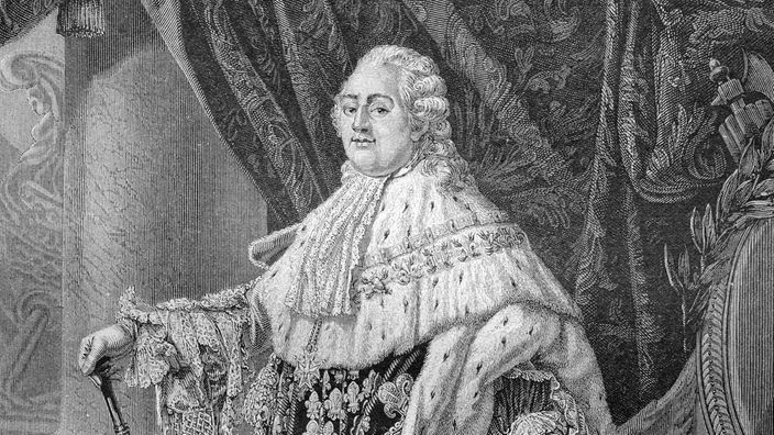 Frankreichs König Ludwig XVI. mit weißer Perücke, prächtiger Kleidung, Umhang