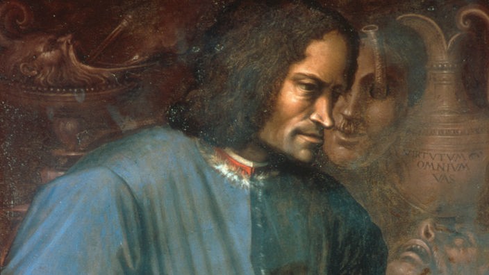 Gemälde, auf dem Lorenzo de Medici mit braunen langen Haaren auf einem Lehnstuhl sitzt und vor sich hinstarrt.