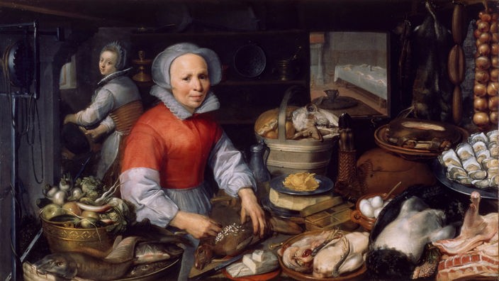 Das Gemälde "Vorbereitungen für ein Festmahl" zeigt zwei Frauen um 1600 in der Küche