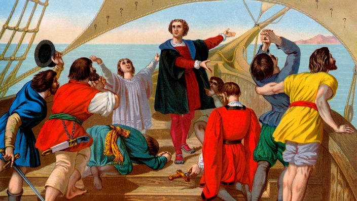 Kolumbus und seine Seeleute vor der Küste eines Landes