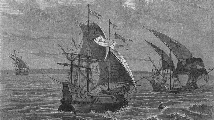 Der Holzschnitt zeigt die drei Schiffe, mit denen Christoph Kolumbus auf Entdeckungsreise geht