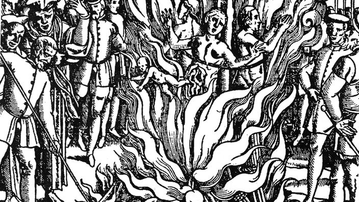 Kupferstich aus dem 'Hexenhammer'. In einer wirren, kaum erkennbaren Anordnung sollen die magischen Praktiken der Hexen dargestellt werden.