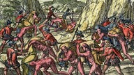 Kupferstich: Eroberung Perus durch die Spanier unter Francisco Pizarro