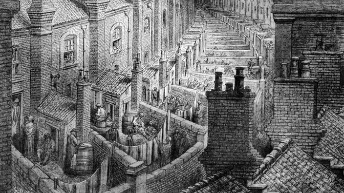 Schwarzweiß-Stich: Arbeiterviertel in London Mitte des 19. Jahrhunderts