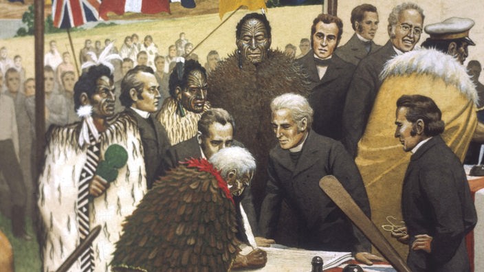 Gemälde: Briten und Maori unterzeichnen einen Vertrag