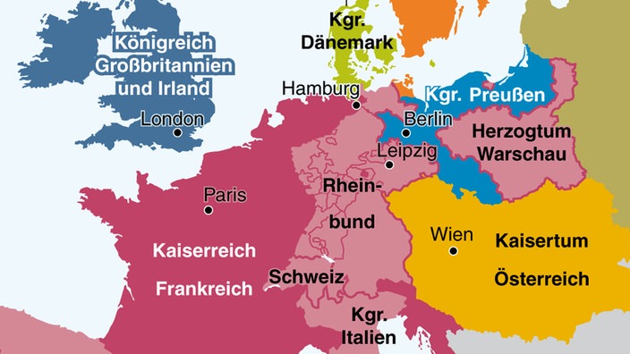 Eine Landkarte zeigt, welche Gebiete zum Rheinbund (1806-1813) gehörten | Bildquelle: dpa Eine Landkarte zeigt, welche Gebiete zum Rheinbund (1806-1813) gehörten