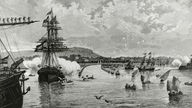 Historischer Stich des Hafens von La Coruna mit Schiffen