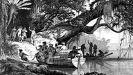 Schwarzweiß-Stich: Voll beladene Pirogen von Indios an einem Flussufer