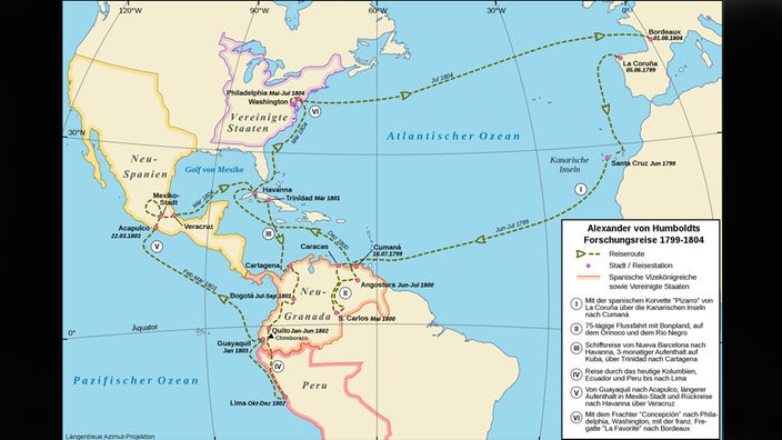 Karte mit Verlauf von Humboldts Reise