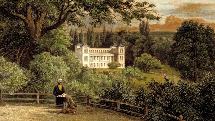 Gemälde: Humboldt sitzt im Park von Schloss Tegel