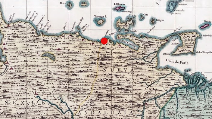 Alte Karte von Venezuela, auf der die Stadt Cumaná markiert ist