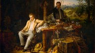 Gemälde: Humboldt und Bonpland in einer Hütte mit Messinstrumenten und Pflanzen