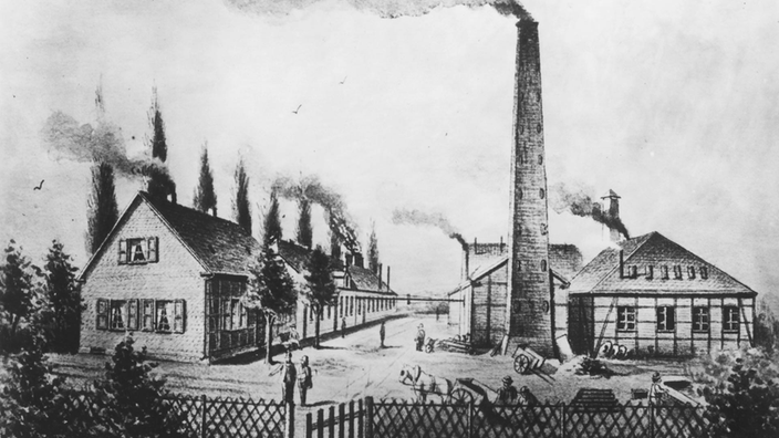 Zeichnung: Einige Fabrikgebäude und ein rauchender Schornstein.