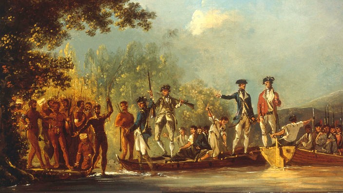 Öl-Gemälde: James Cook und seine Männer erreichen den Strand einer Hebriden-Insel, wo indigene Bewohner auf sie warten
