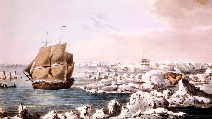 Ein Gemälde zeigt James Cooks Schiff "Resolution" zwischen Wasser und Eisblöcken