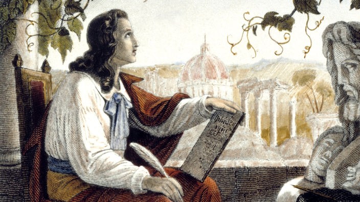 Gemälde: Goethe schreibt etwas vor der Silhouette einer italienischen Stadt 