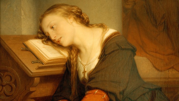 Gemälde: Gretchen lehtn ihren Kopf auf ein Buch mit verzweifeltem Blick