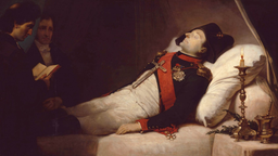Gemälde: Napoleon auf dem Sterbebett. Davor steht ein Priester und liest aus der Bibel.