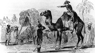 Zeichnung: Feldherr Napoleon sitzt auf einem Kamel, als er einen Befehl an einen Ägypter ausspricht