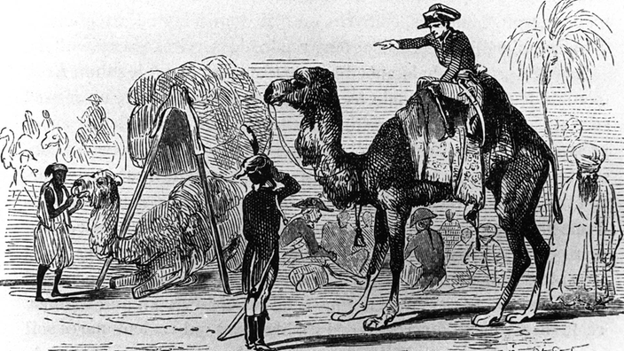 Zeichnung: Feldherr Napoleon sitzt auf einem Kamel, als er einen Befehl an einen Ägypter ausspricht | Bildquelle: akg-images Zeichnung: Feldherr Napoleon sitzt auf einem Kamel, als er einen Befehl an einen Ägypter ausspricht