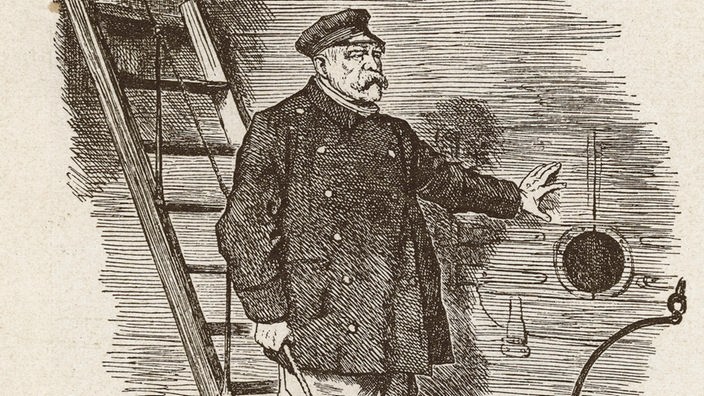 Die Karikatur des britischen Satiremagazins 'Punch' vom 29. März 1890 zeigt, wie Bismarck über das Fallreep von Bord eines Schiffes geht