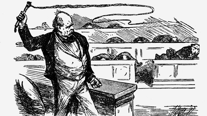 Eine Karikatur zeigt Bismarck als Politiker, wie er im Parlament des Norddeutschen Bundes die Peitsche schwingt. Die Abgeordneten ducken sich in ihren Bänken.