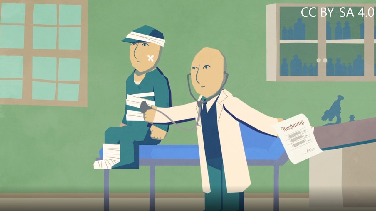 Ein Arzt behandelt einen Arbeiter und gibt mit der anderen Hand die Rechnung weiter