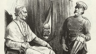Eine Karikatur zeigt Bismarck und Papst Leo III. zusammen sitzend