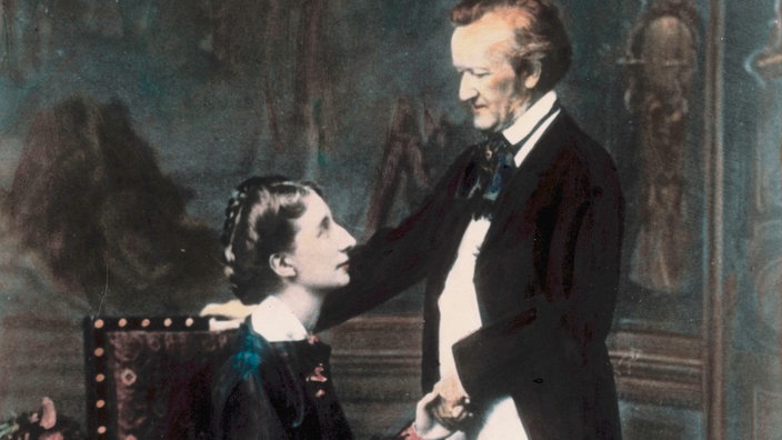 Fotografie von Cosima und Richard Wagner, die sich an der Hand halten