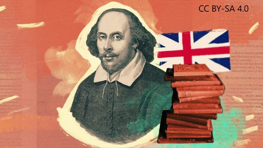 Bild von William Shakespeare neben einem Stapel Bücher und einer britischen Flagge