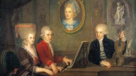 An einem Flügel sitzen Nannerl und Wolfgang Mozart, der Vater steht mit Geige hinter dem Instrument. Und die Mutter ist als Gemälde an der Wand in die Szene eingearbeitet.