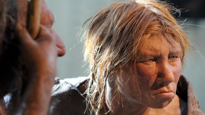 Das Bild zeigt die Rekonstruktion eines sitzenden Neandertalers. Er hat ein grobes und breites Gesicht mit niedriger Stirn.