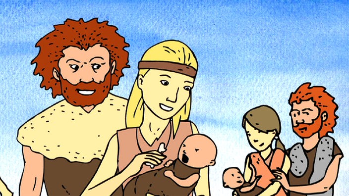 Zeichnung: Neandertaler mit blonder Homo-sapiens-Frau, die ein Kind auf dem Arm hält.