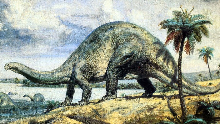 Gemälde auf dem ein Apatosaurus zu sehen ist