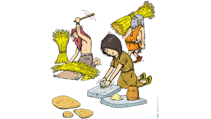 Comic-Zeichnung: Drei Personen dreschen Getreide
