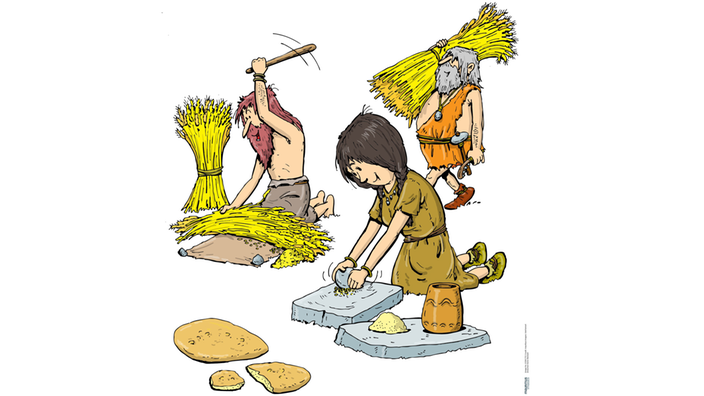 Comic-Zeichnung: Drei Personen dreschen Getreide | Bildquelle: Mauritius/dieKleinert/Rudolf Schuppler Comic-Zeichnung: Drei Personen dreschen Getreide