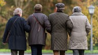 Vier Senioren gehen gemeinsam spazieren