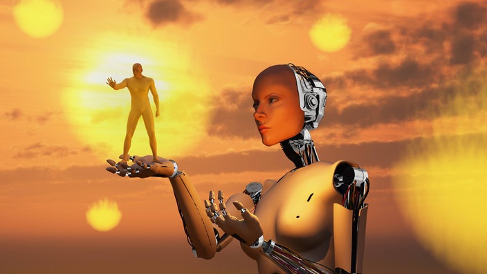 Roboter hat kleinen Mensch auf der Handfläche.