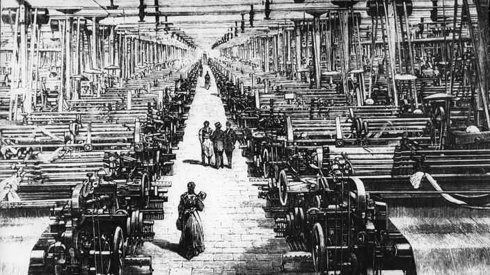 Innenansicht einer industriellen Weberei von 1857