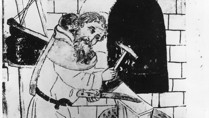 Kupferstich: Mittelalterlicher Schmied bei der Arbeit